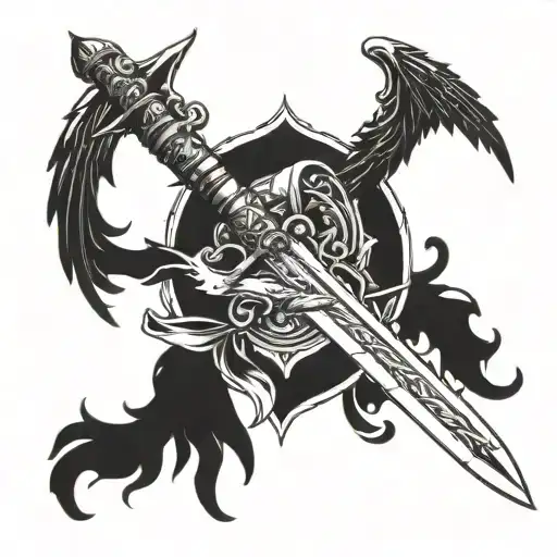 sword with angel wing and demon wing space in between sword and wings  tattoo design idea