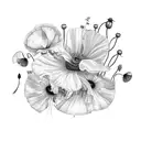 A collage of flowers including poppy’s, honeysuckle, rose, sweet peas, morning glory, moon flowers, cosmos, snow drop an tattoo design idea