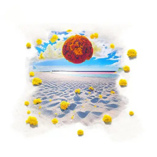 Dominican Sunset beach with yellow marigolds in a field nearby tattoo design idea