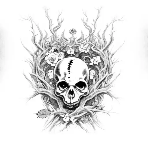 A dark and twisted vine of thorns, adorned with delicate flowers representing different friends, each with a hint of horror in their design tattoo design idea