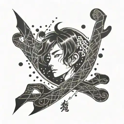 A manga-style character with motivational quotes in Japanese calligraphy tattoo design idea