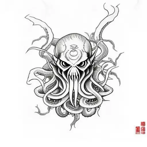 Cthulhu rising from a sea of skeletons tattoo design idea