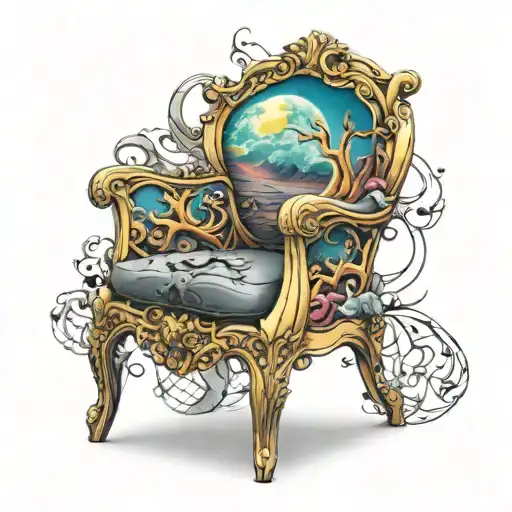 plastic chair in spase and at back you can see upiter  tattoo design idea