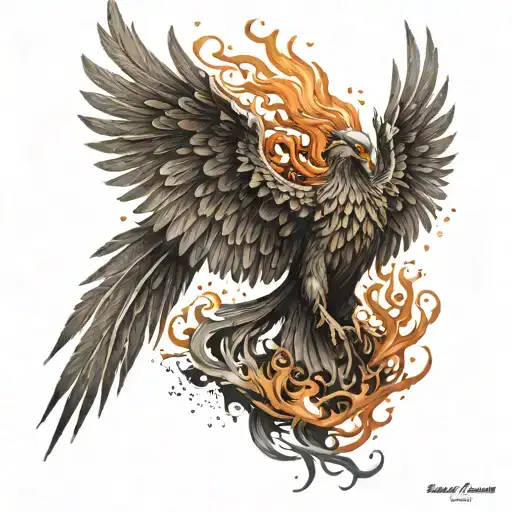 phoenix with flaming plumage with outstretched wings tattoo design idea