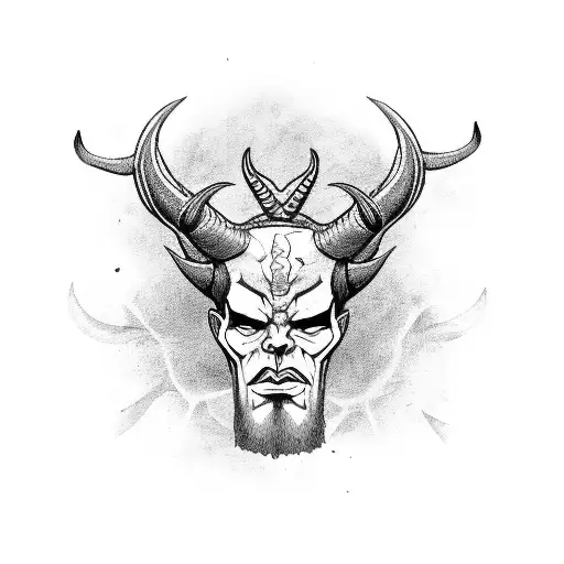 tall and muscular satan with horns slaughtering people with two hand ancient persian swords tattoo design idea