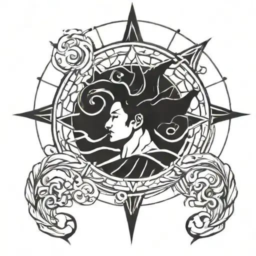 Aquarius man, wave and sea, wind rose tattoo design idea