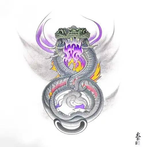 purple fire-breathing basilisk without limbs tattoo design idea
