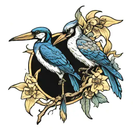 daffodils, blue jay feather, and pelican and a tree tattoo design idea