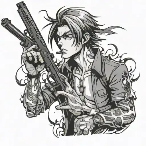 An anime-inspired scene of a character smoking weed while holding a gun, done in a black and grey style tattoo design idea
