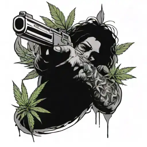 A realistic black and grey tattoo of a cannabis plant intertwined with an anime character holding a gun tattoo design idea