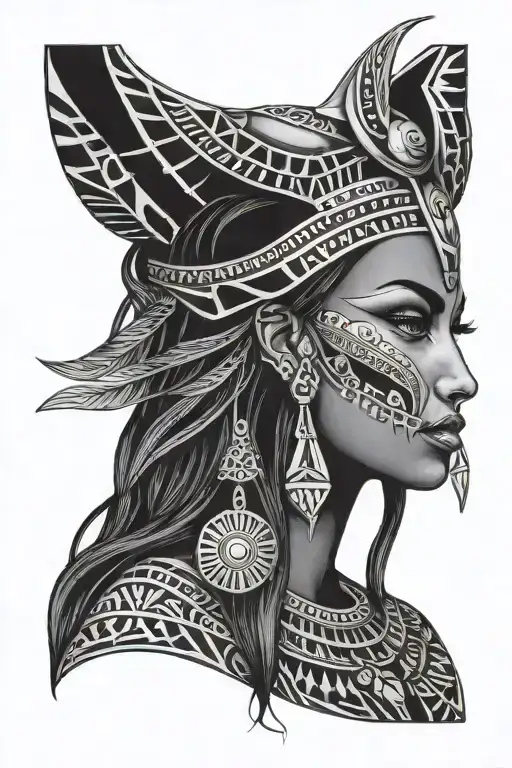 egyption lady head with long hair tattoo design idea