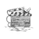 A movie clapperboard with anime-inspired symbols and characters tattoo design idea