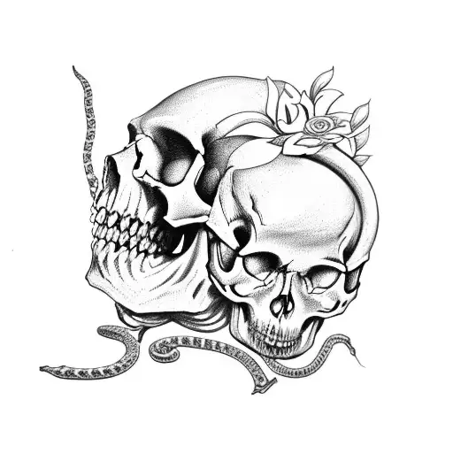 Worn down Skull with a snake inside it that has flowers/foliage growing on around it tattoo design idea