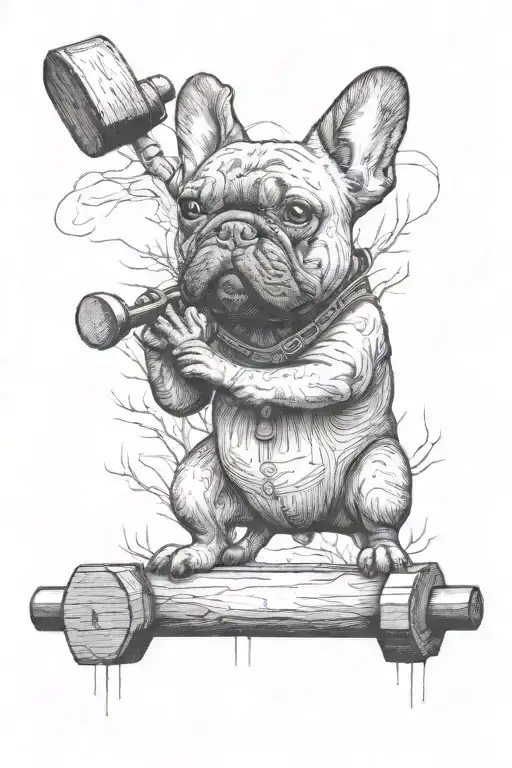 A french bulldog riding a carpenter's hammer through a woodland landscape filled with musical instruments tattoo design idea
