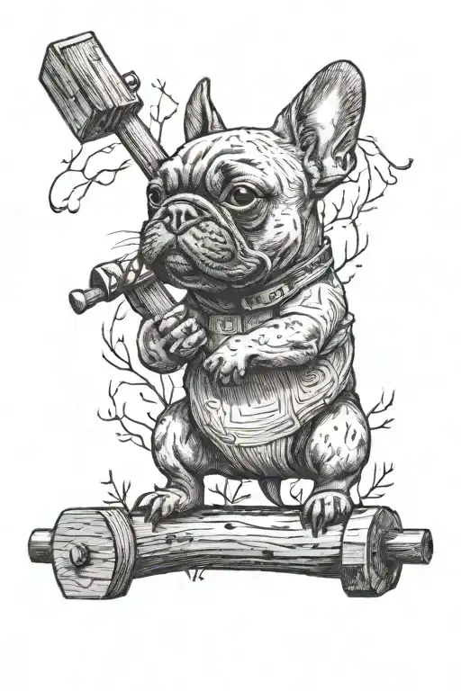A french bulldog riding a carpenter's hammer through a woodland landscape filled with musical instruments tattoo design idea