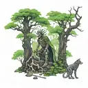 A mystical forest scene with skeleton in knight armor latying against a gaint tree being enbraced by a green moss wolf tattoo design idea