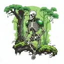 A mystical forest scene with skeleton in knight armor latying against a gaint tree being enbraced by a green moss wolf tattoo design idea