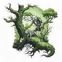 A mystical forest scene with skeleton in knight armor latying against a gaint tree being enbraced by a green moss wolf tattoo design idea