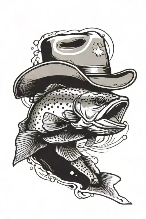 trout with cowboy hat on top tattoo design idea