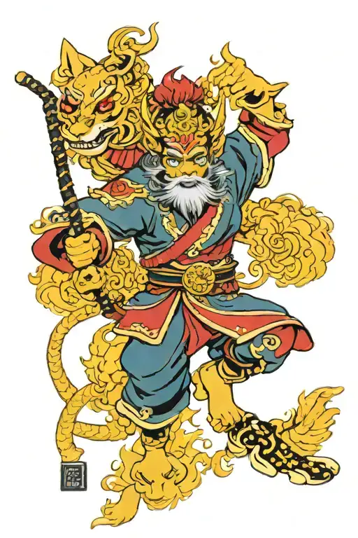 sun wukong monkey king with oiran wearing fox mask tattoo design idea