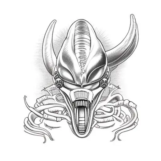 xenomorph with shiba-inu head tattoo design idea