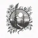 Pattern with spiked lines and a forrest with a full moon. Arm sleeve tattoo design idea