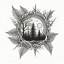 Pattern with spiked lines and a forrest with a full moon. Arm sleeve tattoo design idea