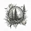 Pattern with spiked lines and a forrest with a full moon. Arm sleeve tattoo design idea