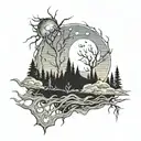 Pattern with spiked lines and a forrest with a full moon. Arm sleeve tattoo design idea