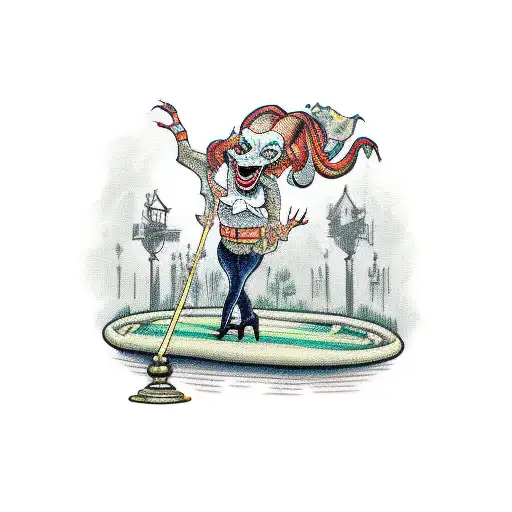 Haunted mansion stretching portrait girl standing on tightrope above an alligator in water tattoo design idea