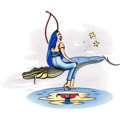 girl standing on a tightrope above a pool of water with an alligator in it tattoo design idea