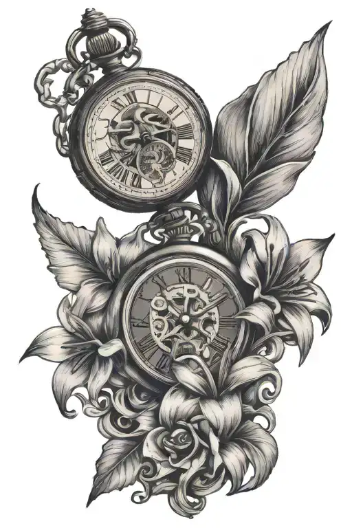 broken pocket watch with lillies growing out w a lock to show evolution to breaking a loop tattoo design idea