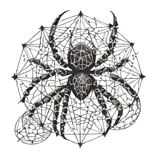 An intricate dotwork spider weaving a geometric web tattoo design idea