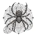 An intricate dotwork spider weaving a geometric web tattoo design idea