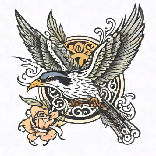 Lark plunging into water and flying upwards direction tattoo design idea