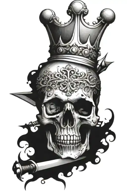 Skull, number 33, sword, crown made entirely black human is being tattoo design idea