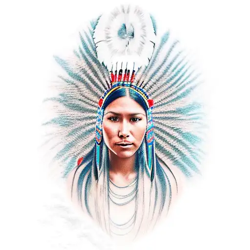 create an image of a 1/2 sleeve tattoo of a Beautiful and young navajo female with headdress from, include ocean waves w tattoo design idea