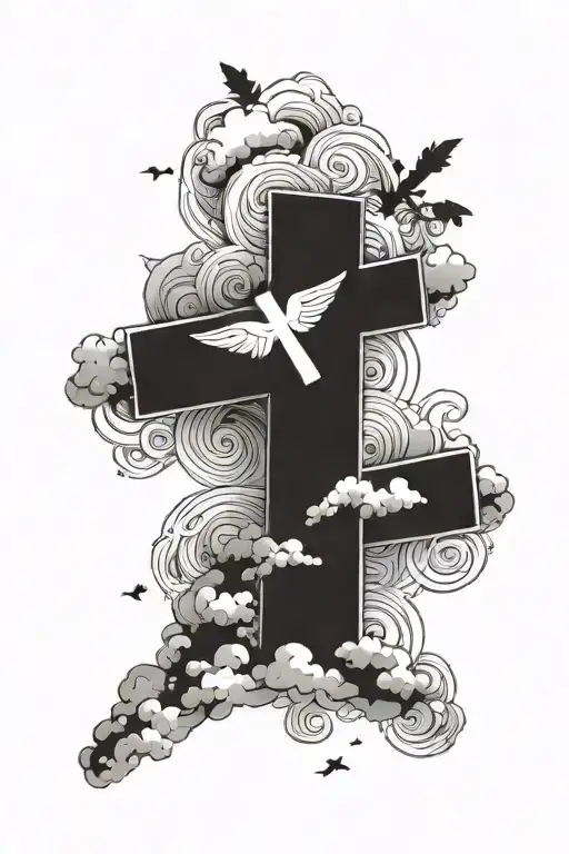 cross with clouds and space with bible verse tattoo design idea