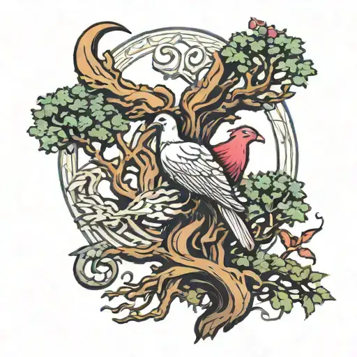 transgender symbol with oak tree for male, crescent moon for female and a phoenix for the trans  tattoo design idea