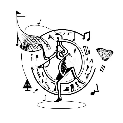 A silhouette of a tour guide leading a group of travelers, with musical notes forming the background tattoo design idea