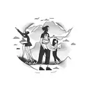 A silhouette of a tour guide leading a group of travelers, with musical notes forming the background tattoo design idea