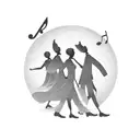 A silhouette of a tour guide leading a group of travelers, with musical notes forming the background tattoo design idea