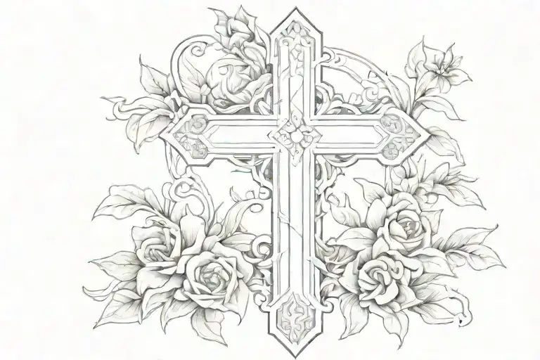 cross with flowers at the base of the cross that leads to the words "what's true in the light is still true in the dark" tattoo design idea