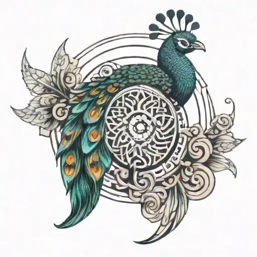 thrishul with a eye in middle with a thread having a bow with peacock feather at end and at the tip down a maze  tattoo design idea