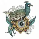 thrishul with a eye in middle with a thread having a bow with peacock feather at end and at the tip down a maze  tattoo design idea