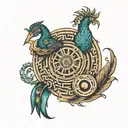 thrishul with a eye in middle with a thread having a bow with peacock feather at end and at the tip down a maze  tattoo design idea