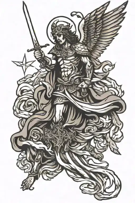 American flag waving Saint Michael killing Lucifer  tattoo design idea