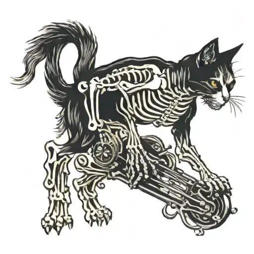 metal music, skeleton, black cat tattoo design idea