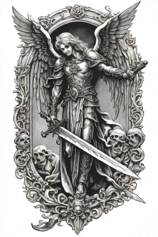 gothic arch angel with sword tattoo design idea