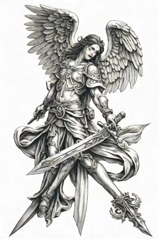 gothic arch angel with sword tattoo design idea